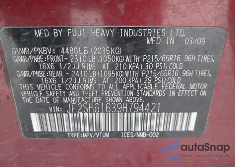 2009 Subaru Forester (Natl) X из США, поврежденный, VIN JF2SH61639H794421